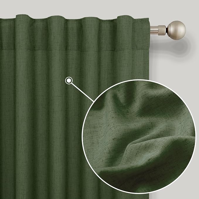 KOUFALL Olive Green Back Tab Rod Pocket Linen Sheer Curtains 52 by 96 for Bedroom