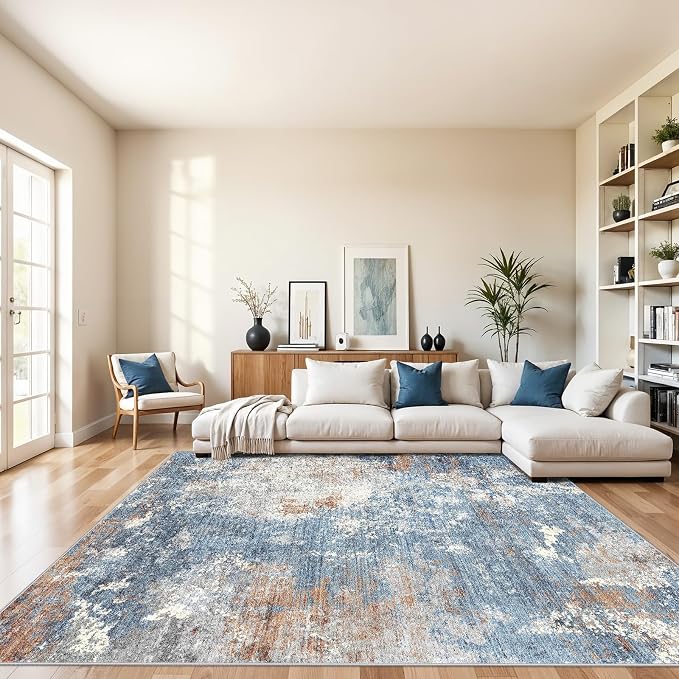 8x10 Washable Living Room Rug – Modern Neutral Abstract Large Area Rug for Bedroom Dining Room Kitchen Home Office Under Table – Non-Slip Low Pile Soft Thin Indoor Carpet（Blue Rust,8x10）