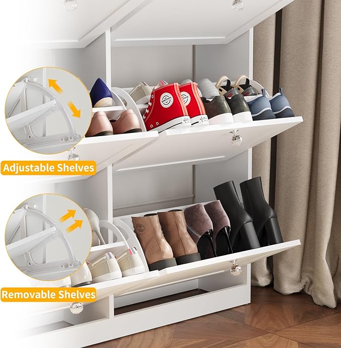 VOWNER Large Shoe Storage Cabinet with 6 Flip Drawers, Freestanding Shoe Organizer with Open Storage & Crystal Handle, Slim Narrow Shoe Rack Cabinet for Entryway, Foyer, Hallway, White