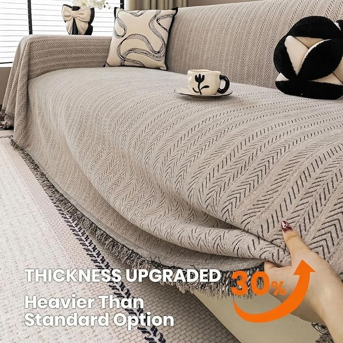 Chenille Couch Cover for Sofa Non Slip Cover Washable Pet Couch Covers Tassel Armchair Sofa Slipcovers Dog Scratch Furniture Protector Blanket for Living Room,Camel Brown 71"x71"