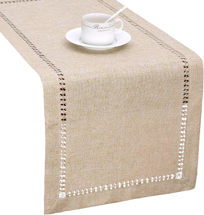 Grelucgo Handmade Hemstitch Beige Table Runner Or Dresser Scarf, Rectangular 14 by 48 Inch