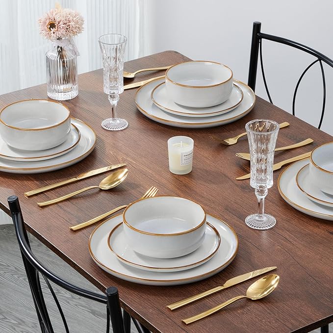 E-far Plates and Bowls Set for 2, 6-Piece Stoneware Dinnerware Sets, Ceramic Dinning Ware Reactive Glaze Dishes Set, Microwave & Dishwasher Safe - Seashell White
