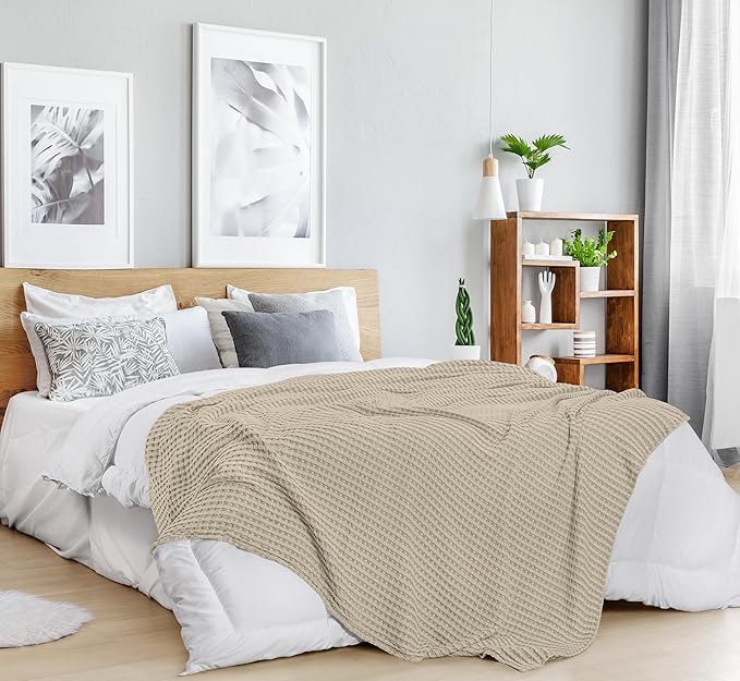 Utopia Bedding 100% Cotton Waffle Weave Blanket Throw Size for Couch Sofa - Lightweight, Breathable Summer Blankets Soft and Cozy, Gifts for Women Home Room Decor (Khaki, 56x60 Inch)