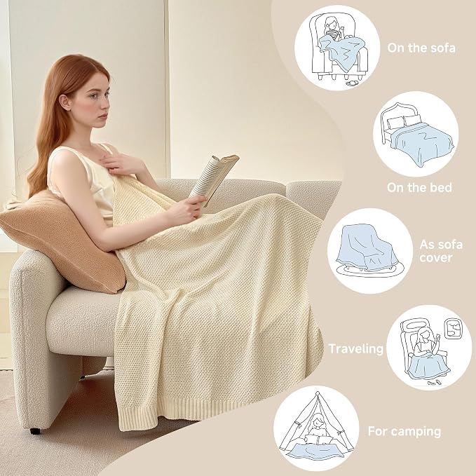 Simple&Opulence 100% Cotton Blanket Queen Size, Solid Color Cable Knitted Blanket Super Soft Comfortable Breathable Decorative Farmhouse for Couch Sofa Bed, All Season Use(White,90x90)