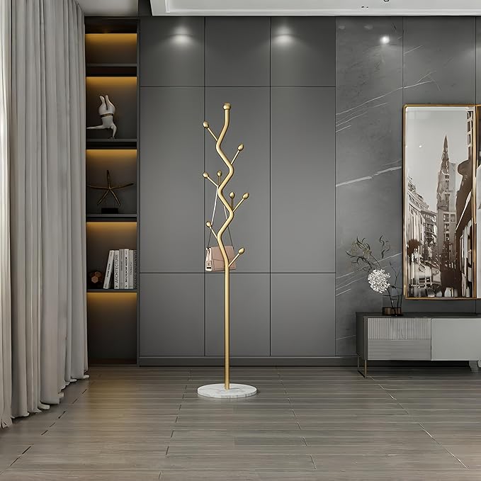 Modern Freestanding Coat Rack, Tree-Shaped Metal Hall Tree with 8 Hooks & Marble Base, Sturdy Entryway Organizer for Coats, Hats, Scarves, Purses, Ideal for Bedroom, Hallway, Office(Gold)