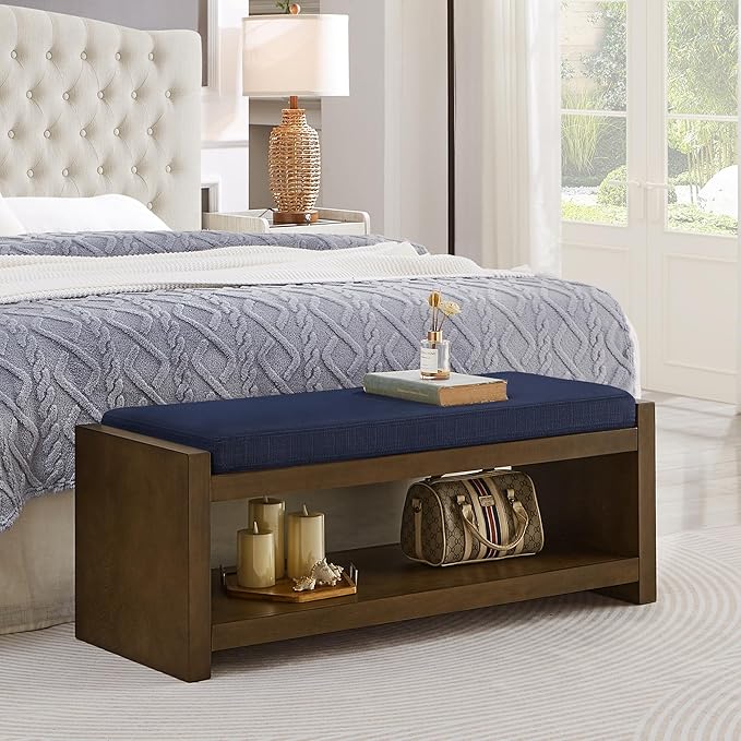 Accent Bench with Lower Shelf Shoe Rack, Padded Seating Bench for Living Room, Modern Compact Bed End Bench with Storage for Bedroom Seating, Removable Cushion (Navy Blue, 47" L)