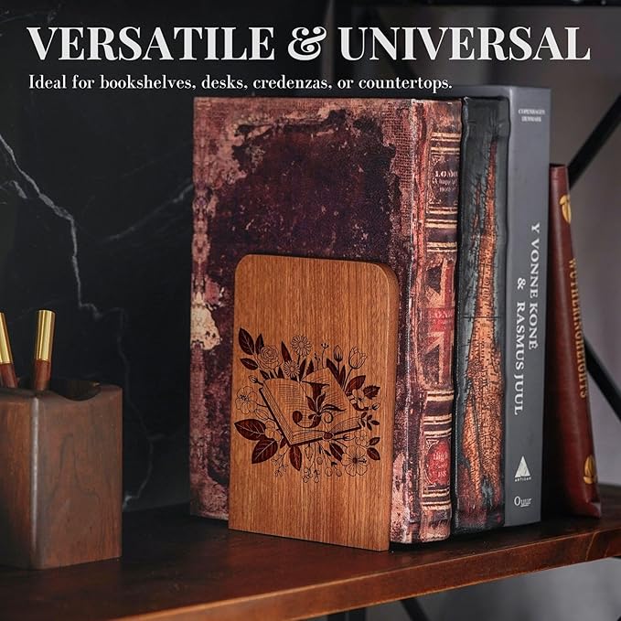 Wood Bookends, Book Ends for Shelves with Decorative Alphabet A and Z Design - Heavy Duty Iron & Ebony Wood Book Ends for Shelves Bookcase Desk - 1 Pair - J