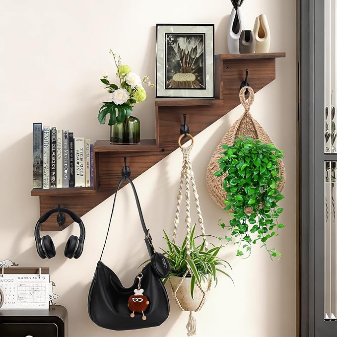Hookmous Coat Rack Wall Mount with Shelf, Brown Wall Shelf with Hooks, Sturdy Wooden Rise Staircase Shelves, Space-Saving Decorative Organizer for Entryway, Mudroom, Hallway, Living Room, Bedroom