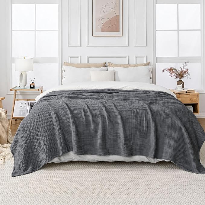 Esterra Muslin Twin Size Cozy Soft Lightweight Pre-Washed Cotton Blanket, All Season Breathable 4-Layer Gauze Blanket Throw for Couch Bed, Dark Gray, 66x90 Inches