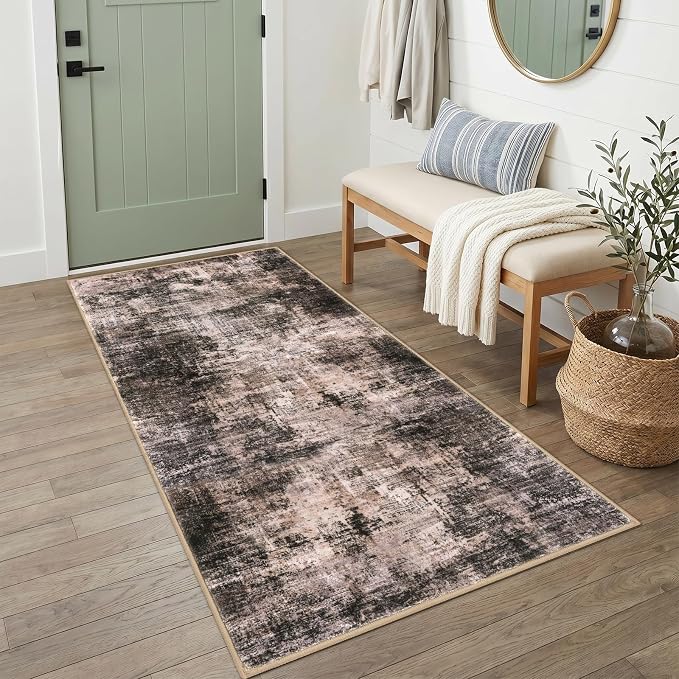 IOHOUZE Abstract Runner Rug 3x6 Ft Washable Runners for Hallways, Non Slip Kitchen Runner Printed Faux Wool Entryway Runner Indoor, Modern Abstract Floor Carpet for Hall Kitchen Bedroom, Brown/Rust