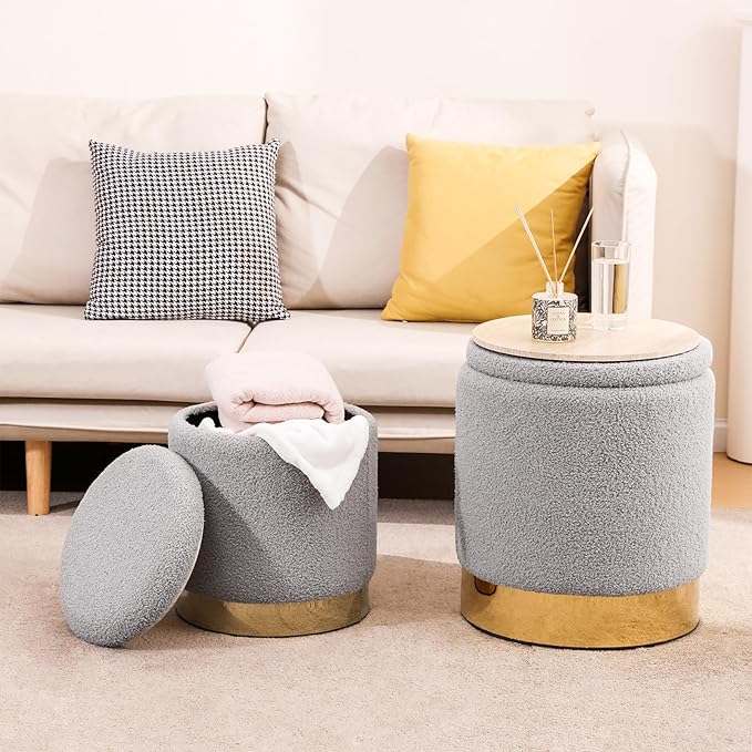 YYW HOME Sherpa Round Ottoman Set of 2 with Storage, 12 Gallon Hidden Storage Ottoman, Multi-Functional Footrest Stool, Vanity Seat, Coffee Table, No Assembly Required, Holds 300lbs (Gray)