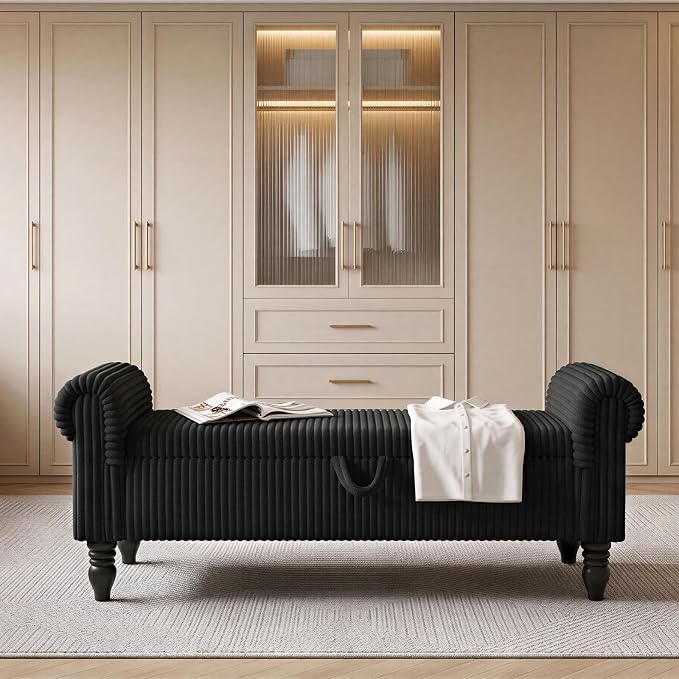 51.5" Black Corduroy Storage Bench, End of Bed Bench with Storage, Upholstered Bedroom Bench with Rolled Arm, Ottoman Bench for End of Bedroom, Living Room, Entryway
