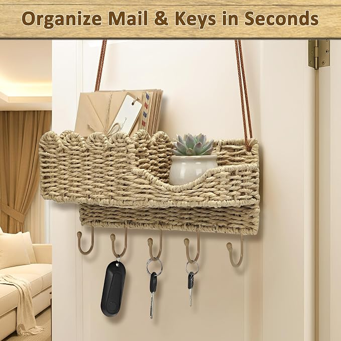Hook Woven Rattan Key Holder & Mail Organizer, Scalloped Wave Design Decorative Wall Mount for Entryway, Living Room & Hallway, Natural Paper Rattan