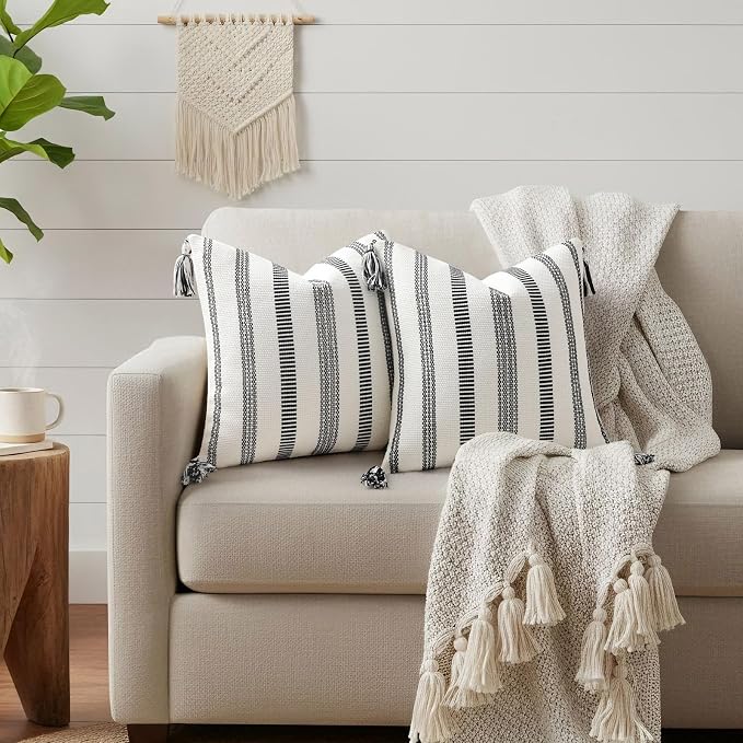Smile Bee Boho Outdoor Couch Throw Pillow Covers Set of 2, Decorative Lumbar Thick Woven Striped Accent Neutral Pillow Covers with Tassels for Bed Sofa Home Decor, 12x20 Inch, Black and Cream White