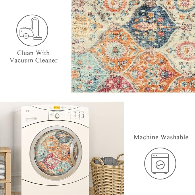 Lahome Moroccan Hallway Runner Rug, 2'5''x8' Ultra-Thin Washable Runners for Hallways Kitchen, Oriental Laundry Room Rug Non-Slip Carpet for Entryway Bedroom Bathroom Elise, Cream/Multi