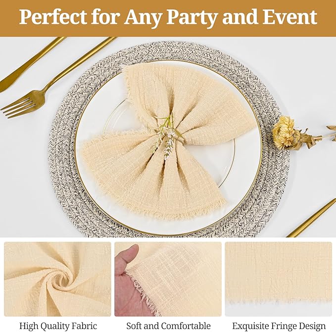 36 Pack Beige Cloth Napkins with Fringe,16 x 16 Inch Cotton Linen Napkin, Washable and Reusable Handmade Napkins, Soft Rustic Boho Cloth Napkin for Dinner, Party, Wedding,Bridal Shower and More