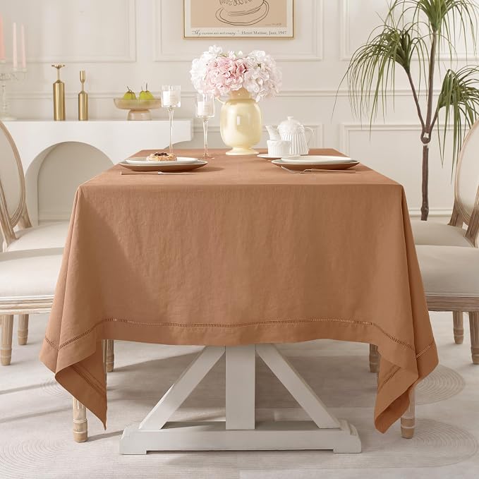 Linen World Fall Linen Tablecloth 108" x 60" Inch,French Linen Washable Rectangular Table Cloth for Dining,Outdoor, Weddings and Restaurants,Decorative Thanksgiving Christmas,Beige Hemstitch
