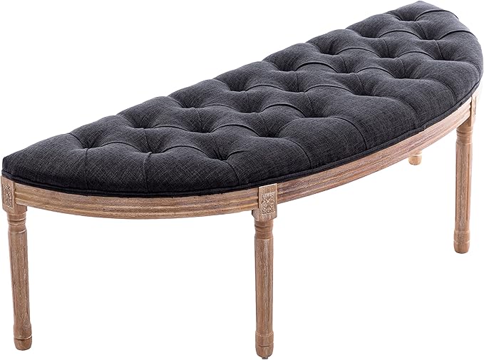 chairus Linen Halfmoon Entryway Bench 55" Button Tufted Semi-Circle Ottoman Comfy Upholstered Seat for Bedroom/End of Bed/Mudroom, Charcoal Black