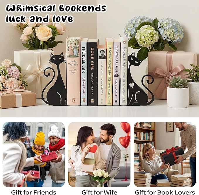 Atomic Cat Metal Bookends Set of 2 Cute Book Ends for Shelves Bookshelf Decorative Objects Home Office Desk Bookshelf Decor Gift for Cat Lovers and Reading Enthusiasts (Black)