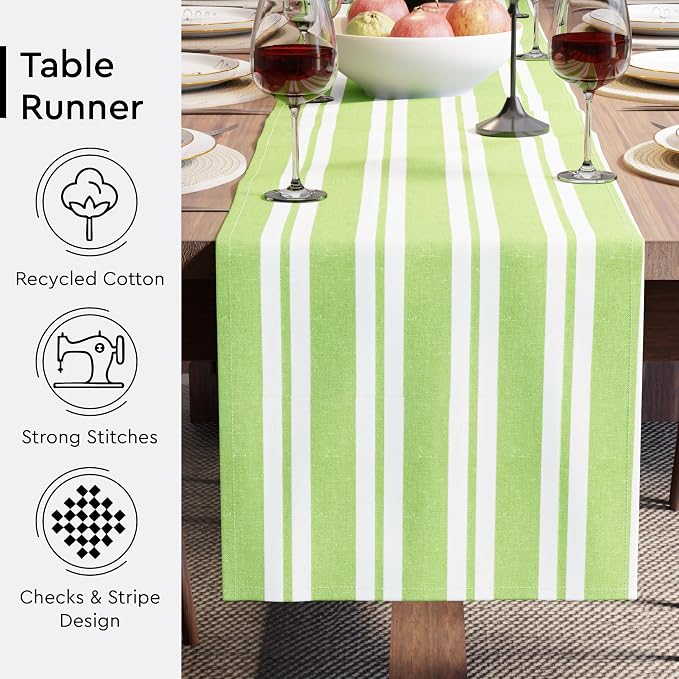 Encasa XO Cotton Dining Table Runner | Franca Lime Stripes | Size 13x120 in - Machine Washable & Durable