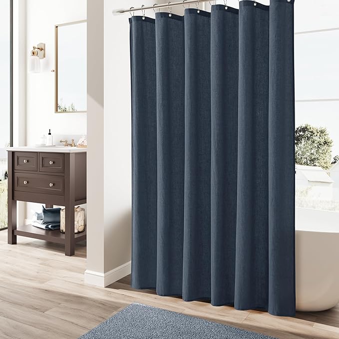 Naturoom Denim Blue Linen Shower Curtain, Country Boho Farmhouse Bath Decor Shower Curtains Neutral Cloth Weighted Textured Fabric Bath Curtain Liner with Hooks, 72x78