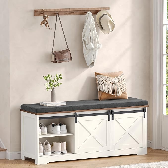 Farmhouse Storage Bench with Cushion, 47.2" Shoe Bench with Slide Barn Doors and Adjustable Shelves, Entryway Bench with Storage for Bedroom, Closet, Living Room, Hallway, White