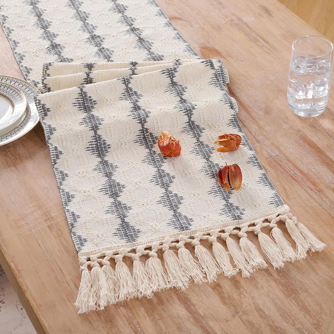 Fancy Homi Grey Boho Cotton Polyester Table Runner 90 Inches Long, Farmhouse Macrame Table Runners with Tassels for Home Party Bohemian Rustic Bridal Shower Kitchen Dining Decor 12x90 Inches