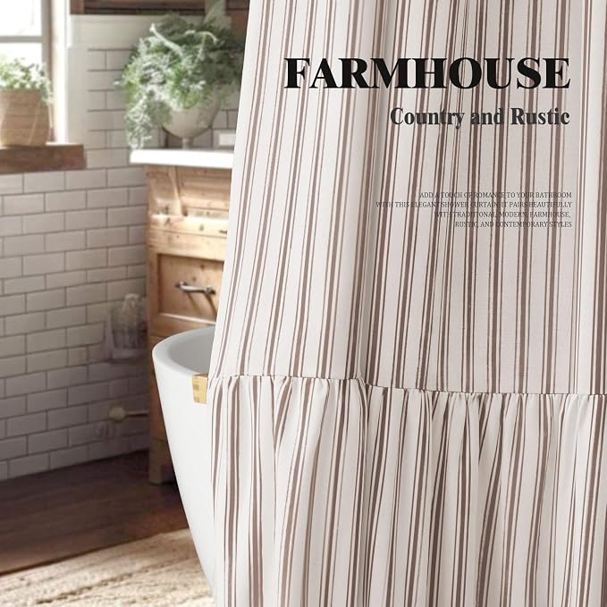 Farmhouse Shower Curtain with Ruffle Hem Linen Shower Curtains for Bathroom Country Vintage Rustic Natural Fabric, White-Brown Stripe 72" W x 72" L