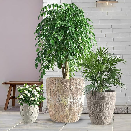 Round Concrete Style Planter Set of 3, Large Outdoor Flower Pots with Drainage, Stone Texture Plant Pots for Indoor Outdoor Garden, Patio & Balcony Décor (3, Sandstone)