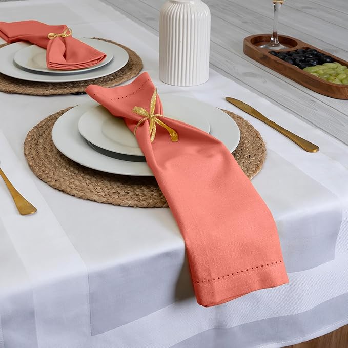 Blue Needles Set of 6 Hemstitch Linen Napkins 100% Cotton Salmon Cloth Dinner Napkins 18x18 inches - Spring Summer Easter - Soft, Reusable, Absorbent, Washable, Ideal for Parties & Everyday Use