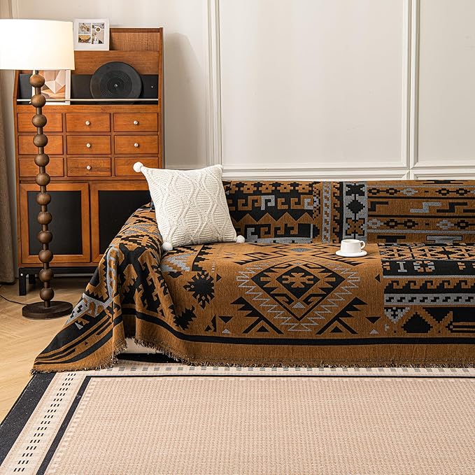 VClife Boho Couch Cover, Aztec Sofa Cover for Dog, Non Slip Washable Couch Covers for 3 Cushion Couch Sofa, Reversible Triangle Geometric Futon Cover Furniture Protector (Black-Pumpkin, 71" x 134")