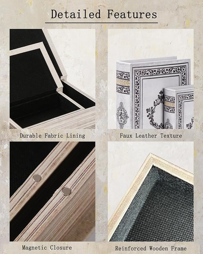 Decorative Wooden Book Box Set of 2 - Vintage Faux Book Boxes for Home Decor, Secret Storage with Magnetic Closure, Antique Style, Grey Leather Cover Design, Perfect for Home Office Bookshelf