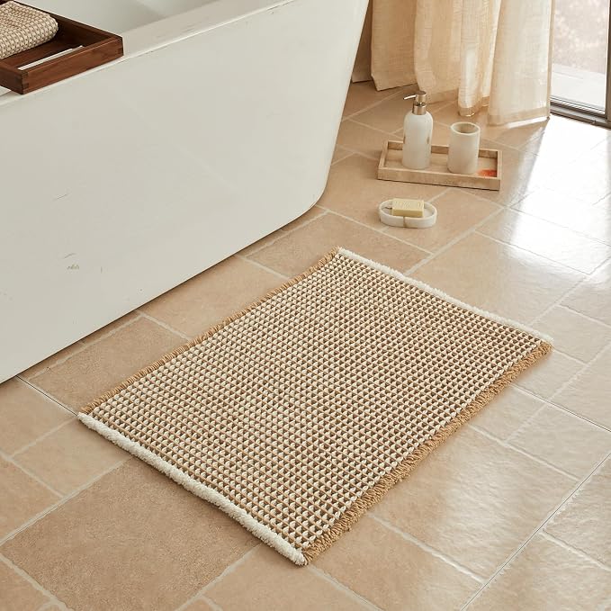 Triohero Waffle Bath Mat, Boho Bathroom Rugs Non Slip Washable, Ultra Soft Super Absorbent Quick Dry Farmhouse Bathroom Decor, 20" x 30", Khaki & White