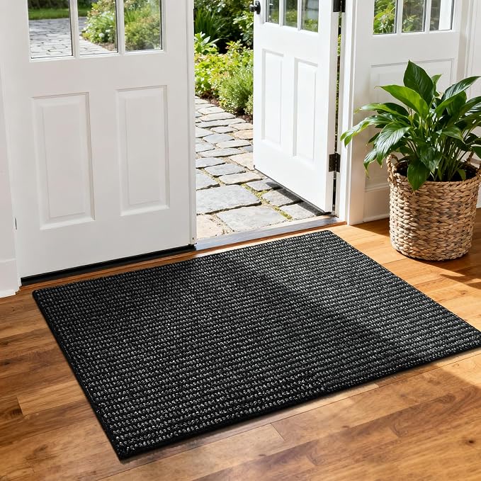 Softlife Rugs for Entryway 2x3 Faux Jute Rug Dirt Trapper Small Bathroom Rug Washable Door Rugs Kitchen Mat Modern Farmhouse Carpet for Front Porch Bathroom Kitchen Bedroom, Black