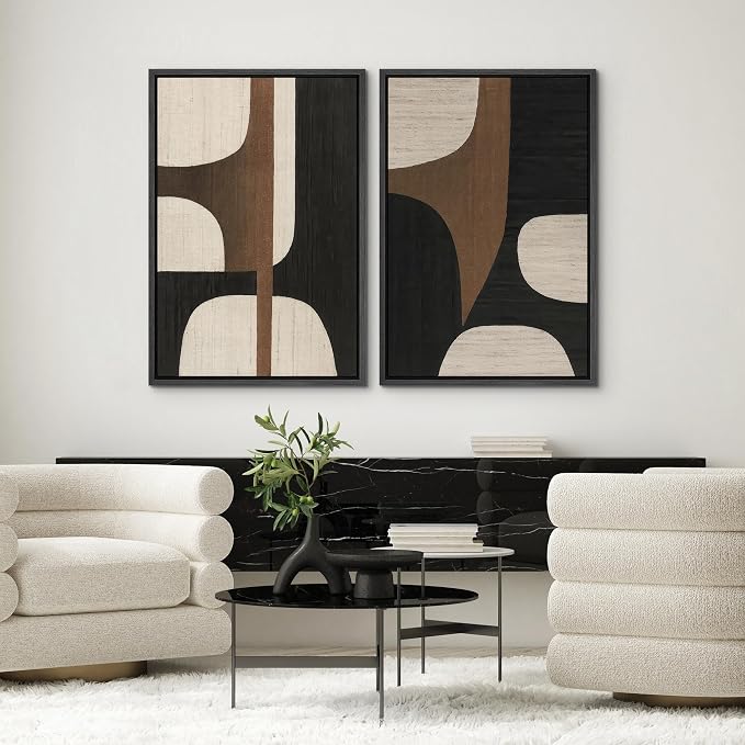 SIGNWIN Framed Canvas Print Wall Art Set Mid-Century Organic Curves in Brown, Black and Cream Illustrations Modern Art Decorative Multicolor for Living Room, Bedroom, Office - 16"x24"x2 Black