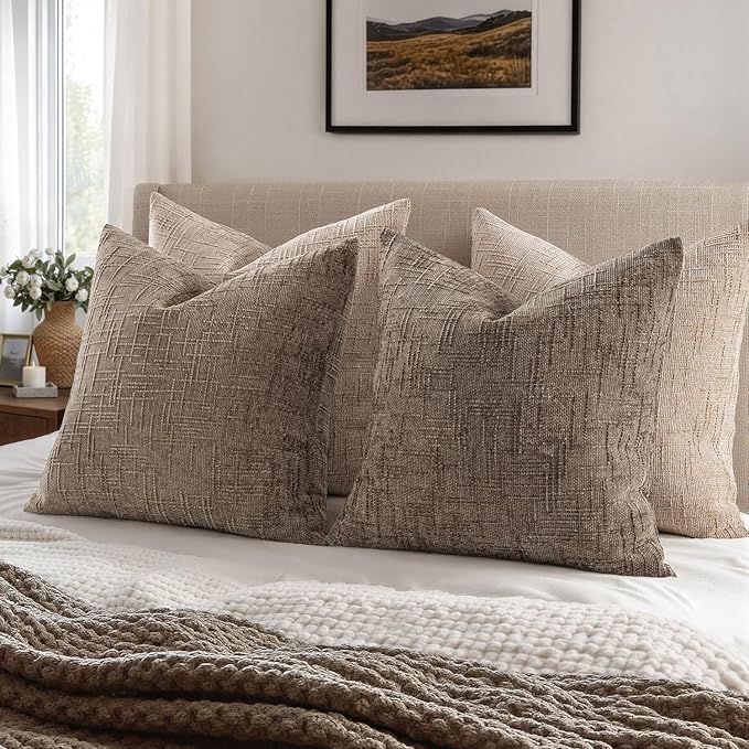MIULEE Textured Throw Pillow Covers Thick Chenille Decorative Pillows Taupe Grey 22x22 Inch Set of 2 Modern Boho Farmhouse Home Decor Neutral Cushion Covers for Couch Sofa Living Room Bedroom
