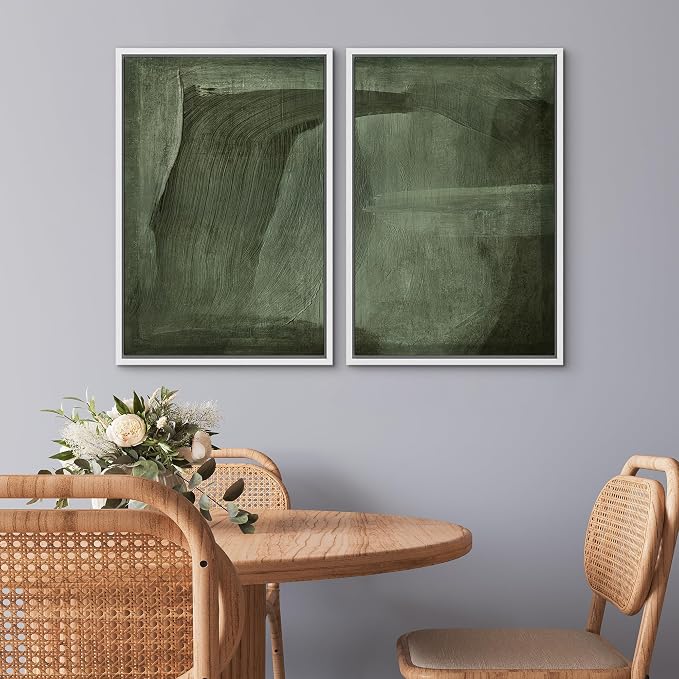 SIGNWIN Framed Canvas Print Wall Art Set Deep Olive Brushstroke Abstract Illustrations Modern Art Decorative Multicolor for Living Room, Bedroom, Office - 16"x24"x2 White
