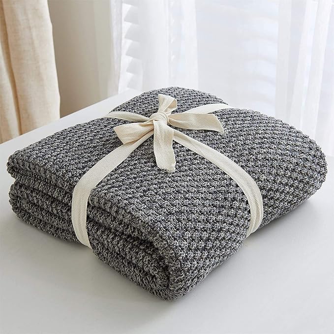 Longhui bedding 100% Cotton Knitted Throw Blanket – Dark Grey, Soft & Cozy, Machine Washable, 51"x63" – Perfect for Living Room, Couch, Sofa, Bed or Travel