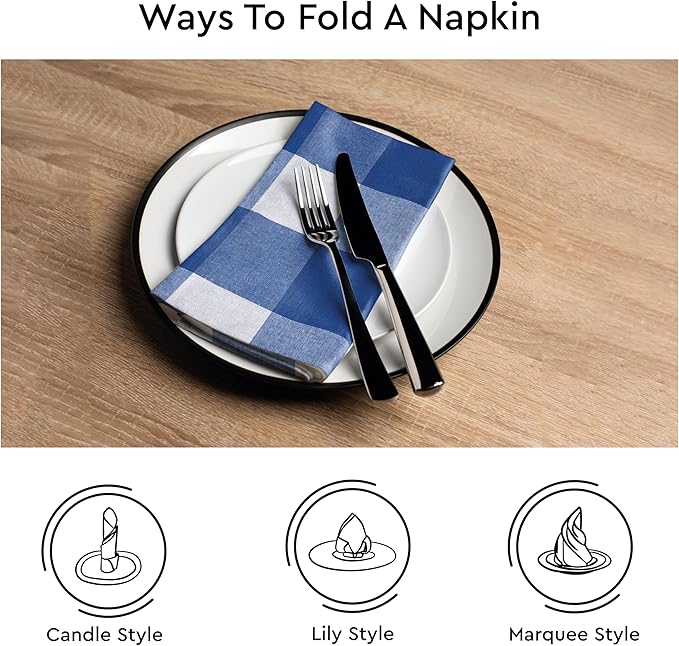 Encasa XO Cotton Cloth Napkins Set of 12, 17"x17" | Washable & Reusable Dinner Napkins Buffalo Blue Checks Table Napkins for Farmhouse, Wedding, Holiday, Party & Everyday Dining