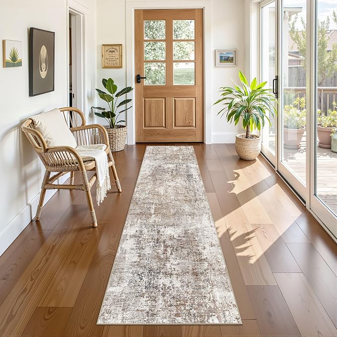 UERMEI 2x8 Washable Runner Rug for Hallway, Non Slip Low Pile Kitchen Carpet, Neutral Modern Abstract Indoor Floor Mat for Entryway Laundry, Kid & Pet Safe High Traffic Area, Brown/Grey/Red