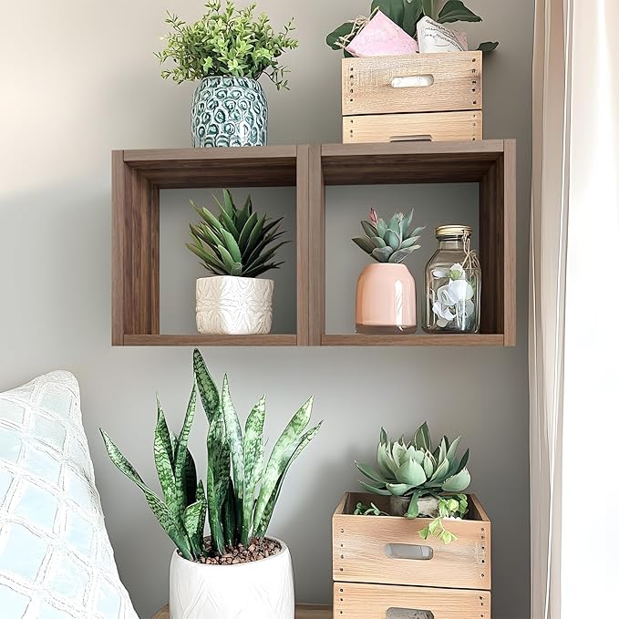 Kaboon Cube Floating Shelves Set2, Display Shelves Wall Mount 7.75" D x 12.5" W x 12.5" H, (Walnut, Square 2 Cubes)