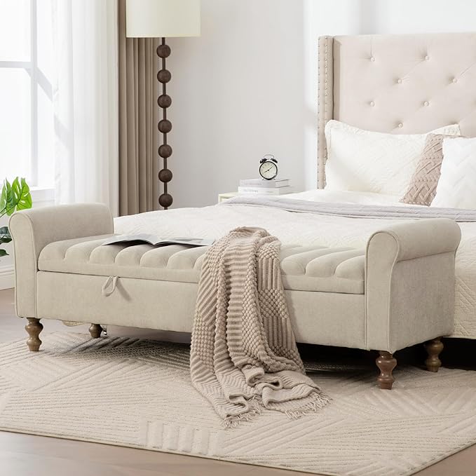 Aoiy & Wifon 65.55" W Large Storage Ottoman Bench, King Size End of Bed Storage Bench with Wood Legs, Upholstered Window Bench for Bedroom, Living Room, Entryway, Griege