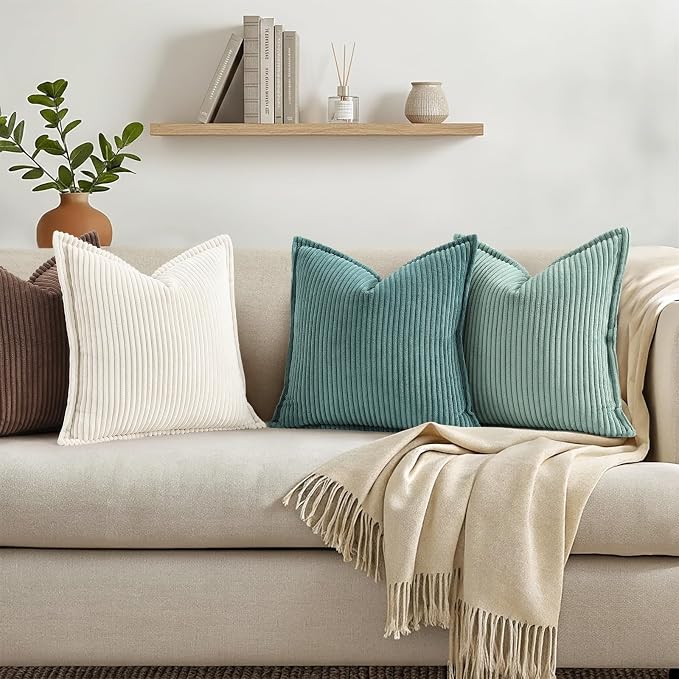 decorUhome Summer Corduroy Teal Throw Pillow Covers 12x20 Set of 2 Decorative Soft Boho Farmhouse Lumbar Couch Pillow Covers for Living Room Bed Sofa Broadside Striped Pillow Cases