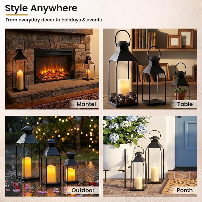 Decorative Metal Lanterns Indoor Outdoor, Set of 3 Farmhouse Lantern Holders Without Candles for Porch, Patio, Fireplace, Floor, Wedding & Holiday Table Centerpiece (Black, 20" 15.7" 12")