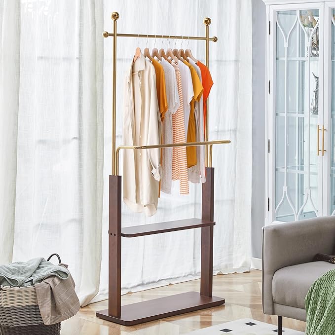 CHANCEE 68.9" Golden Stainless Steel and Walnut Solid Wood Double-Layer Coat Rack, Modern Freestanding Clothes Hanger with Storage Shelf, Multi-Functional Entryway Organizer Cabinet