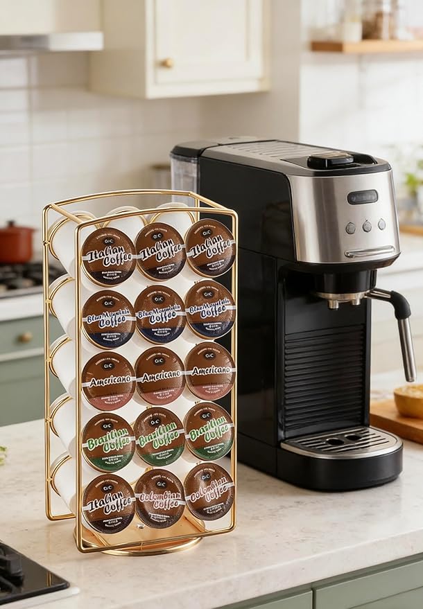 Alessia Cara Tabletop K Cup Holder, Coffee Pod Stand Holder, K-Cups Capsule Storage Rack for 30 pods, 360 degrees rotatable, No Assembly Required, Gold