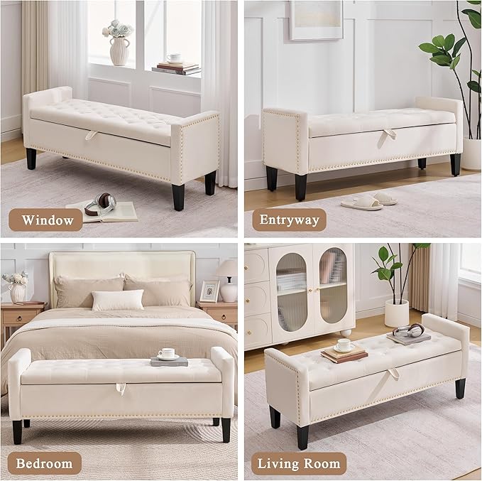 51" Storage Ottoman Bench, Velvet Large End of Bed Bench with Arms, Modern Storage Bench for Living Room, Bedroom, Entryway, Window, Holds up to 500 lb