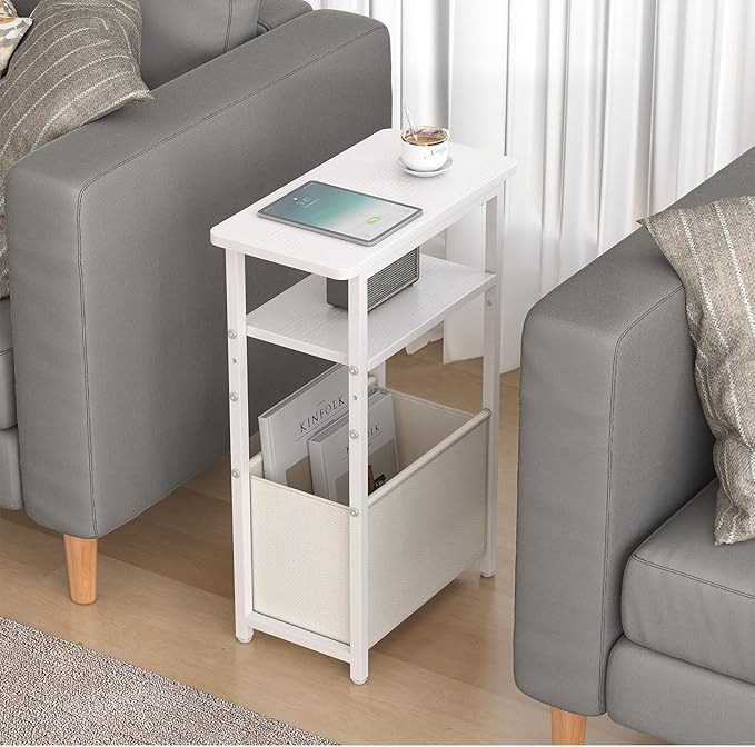 sthmec Narrow Side Table Set of 2, Skinny End Tables with Fabric Basket, Small Side Tables for Small Space,2-Tier Open Shelves with Basket, Slim Nightstands Set 2 for Bedroom,Livinroom,Office,White