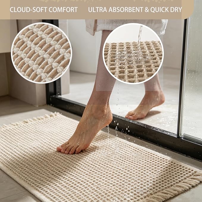 Upgraded Waffle Bath Mat with Rubber Backing Non-Slip Boho Bathroom Rug with Tassels, Ultra Absorbent & Soft Woven Shower Mat, Machine Washable, Multi-Size Options (Beige, 24"×72")