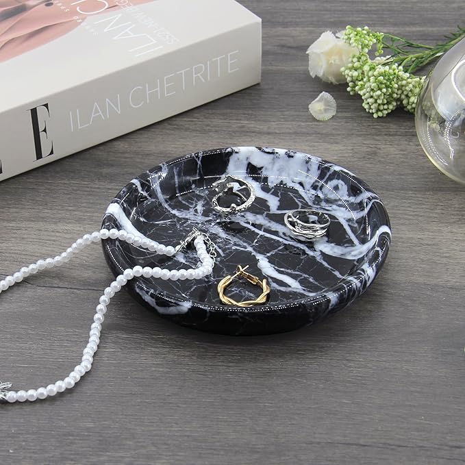 Small Natural Marble Jewelry Tray Key Plate Holder Dish Trinket Decor Catch All Bowl for Ring Earring Stone Gift for Women Daugther,Black,5.5"